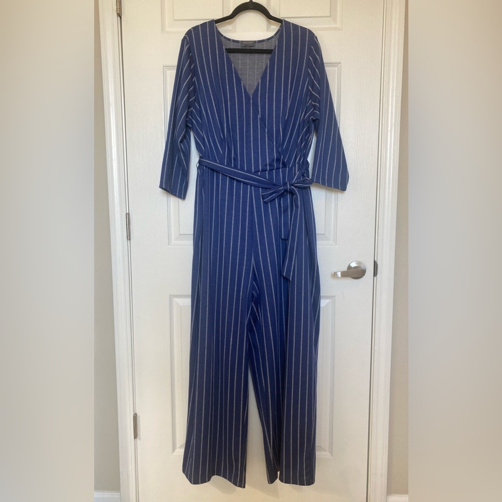 Madison Curvy 2X Navy Pinstripe Long Sleeve Jumpsuit